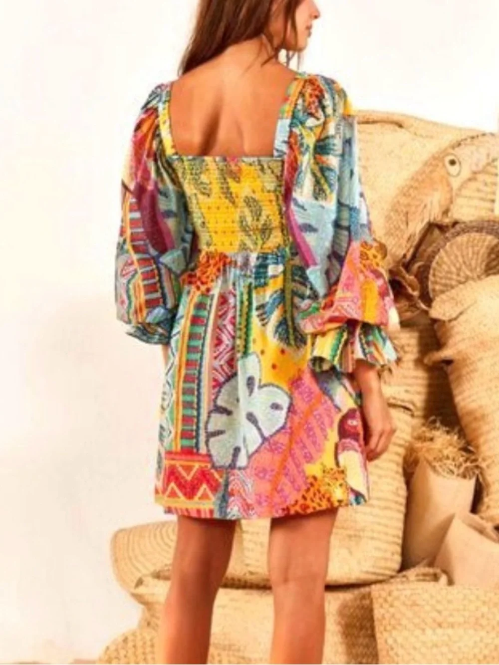 Farm Rio. Women’s Multicolor Boho Smocked Peasant dress - Picture 7 of 16